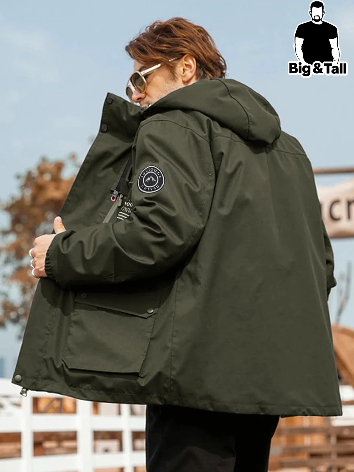 Mens Hooded Multi Pocket Windbreaker Jacket for Outdoor Workwear