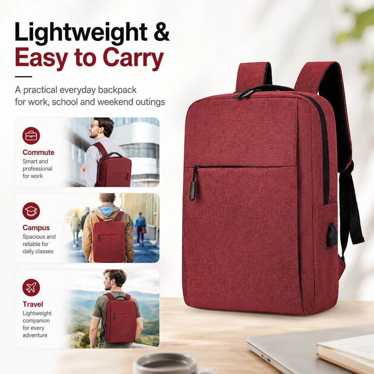 Water Resistant Laptop Backpack With USB Charging Port For Commuters