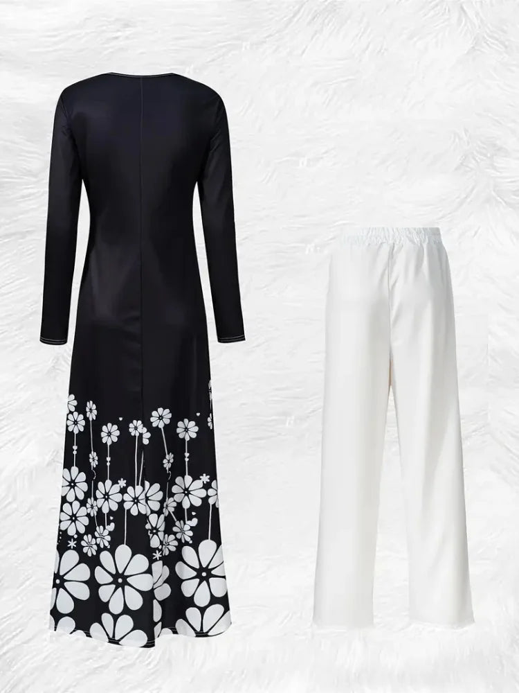 Casual Printed Knit Top And Wide Leg Pants Elegant Matching Set