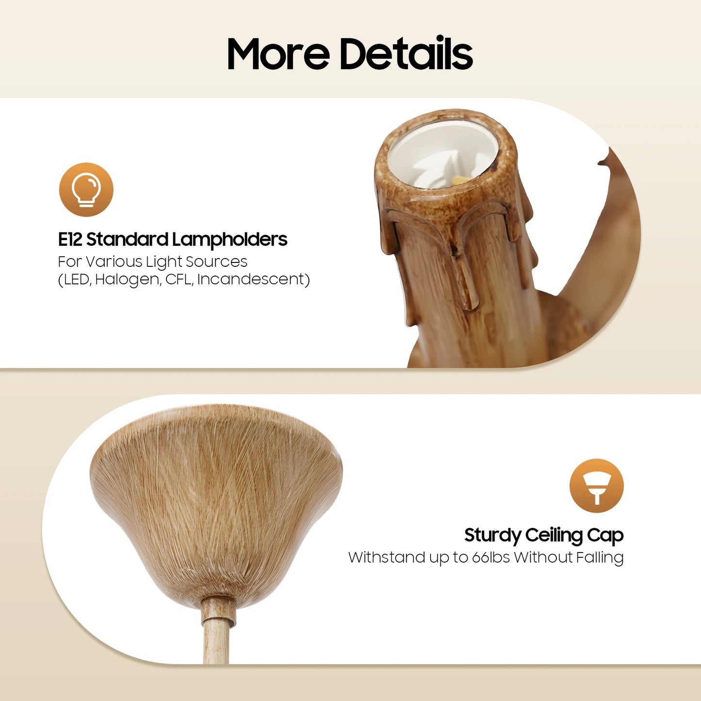 Retro Deer Antler Wood And Resin Six Light Ceiling Lamp
