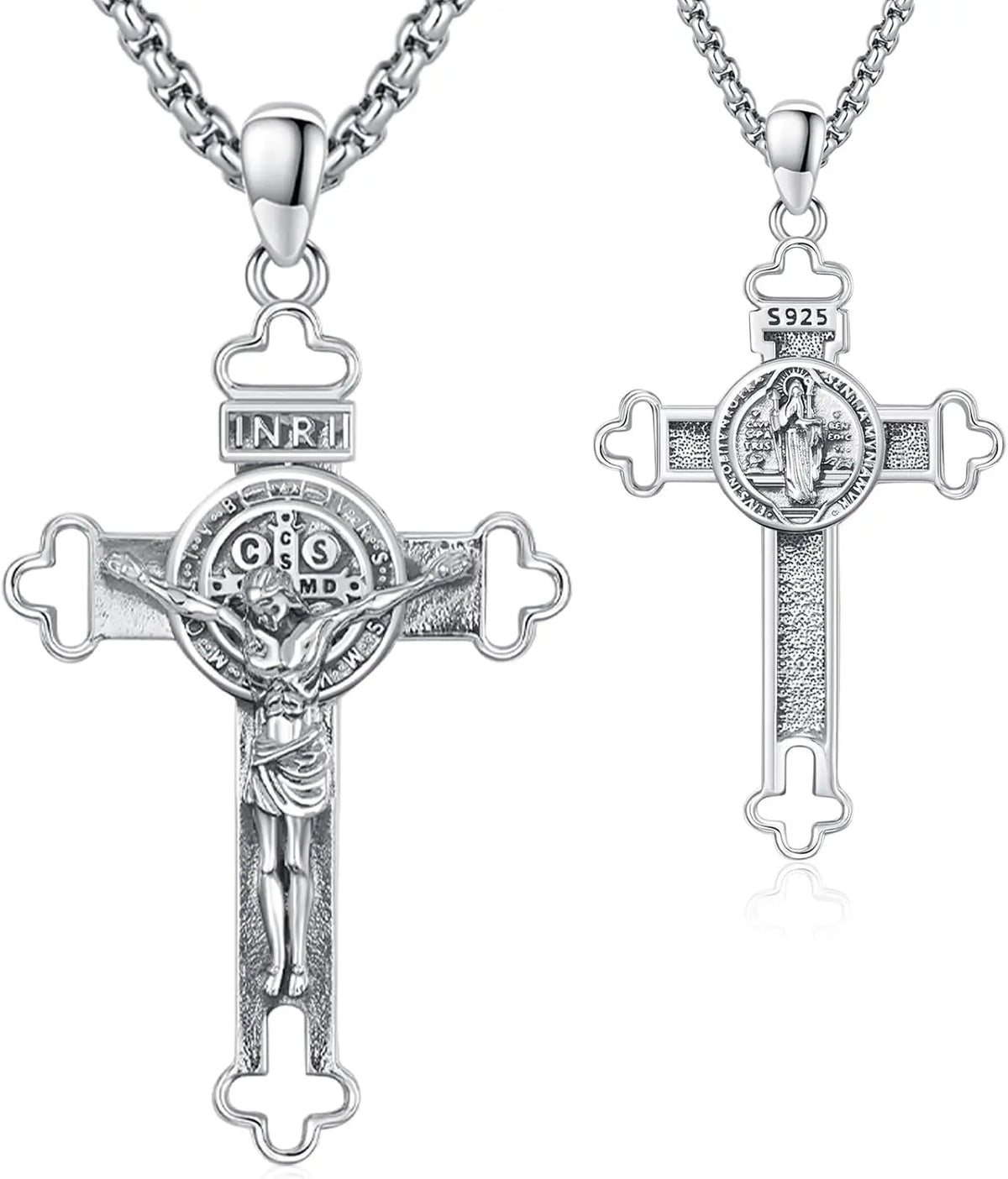 DRINSPER Saint Benedict 925 Sterling Silver Crucifix Protection Necklace
