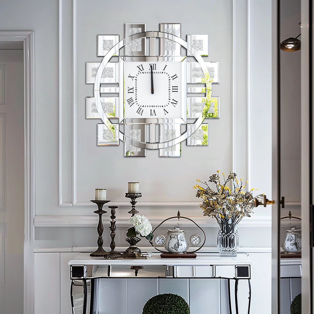Irregular Crush Diamond Mirrored Wall Clock With Roman Numerals