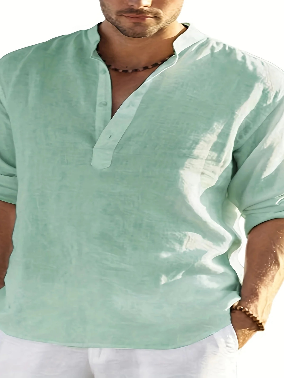 Men's Cotton Linen Long Sleeve Stand Collar Casual Shirt