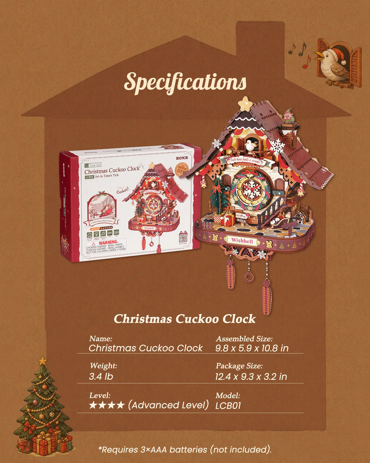 ROKR Christmas Cuckoo Clock Wooden Mechanical 3D Puzzle Kit