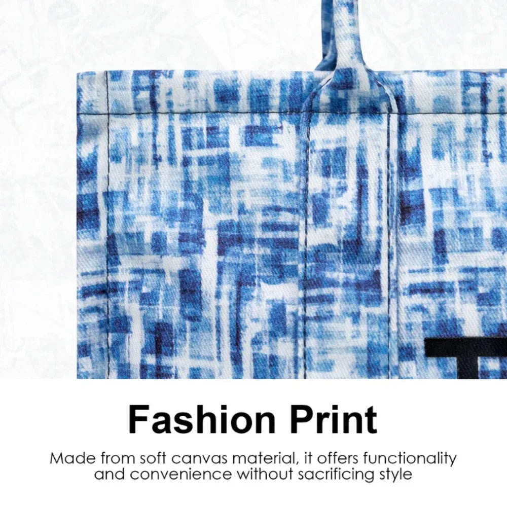 Denim Canvas Tote Bag With Zipper And Multiple Interior Pockets