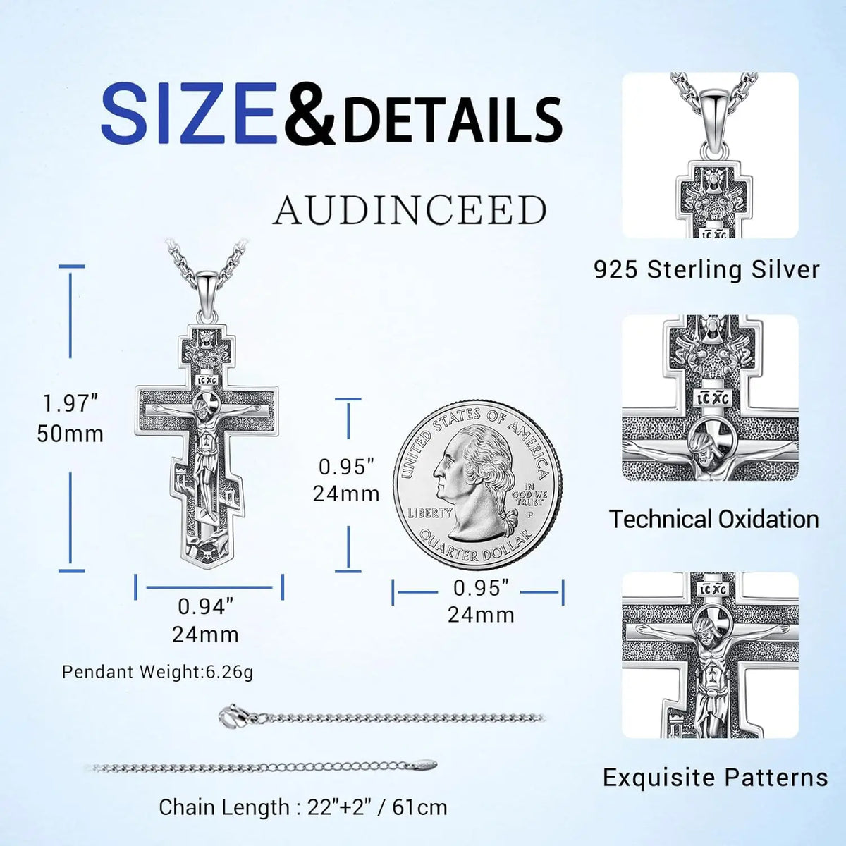 Drinsper Orthodox Cross Necklace 925 Sterling Silver Pendant