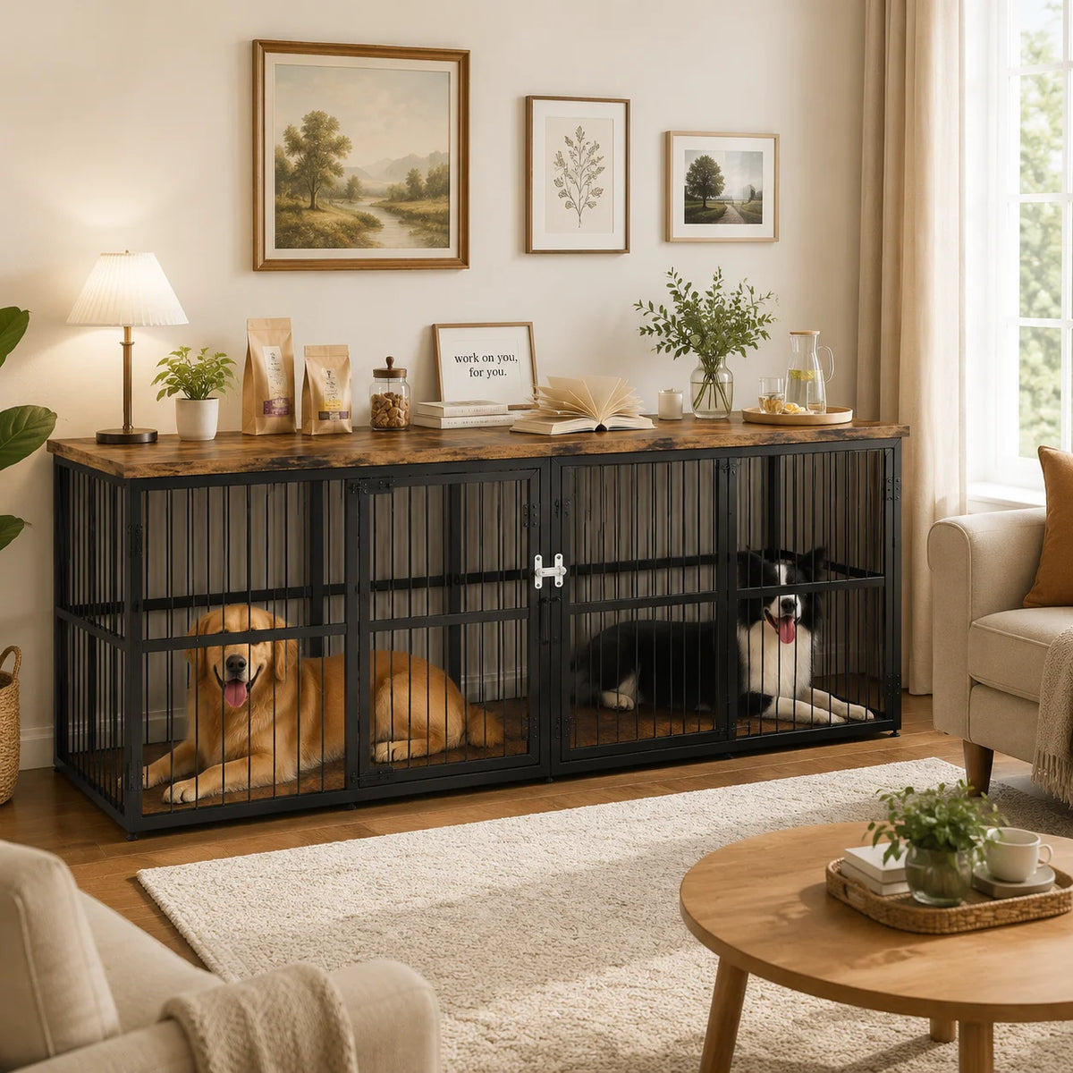 Double Dog Crate Furniture Cabinet With Divider And Storage Top