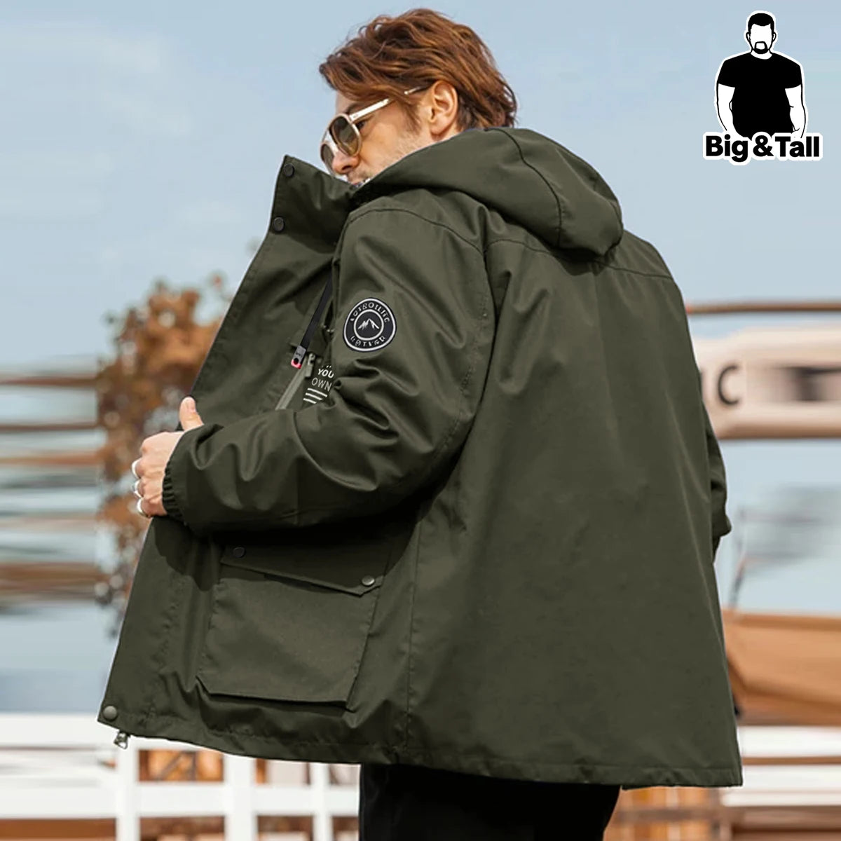 Mens Hooded Multi Pocket Windbreaker Jacket for Outdoor Workwear