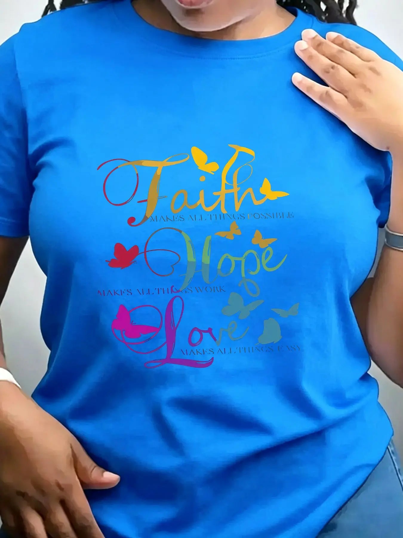 Women's Cotton Crew Neck Faith Hope Love Butterfly Print Top