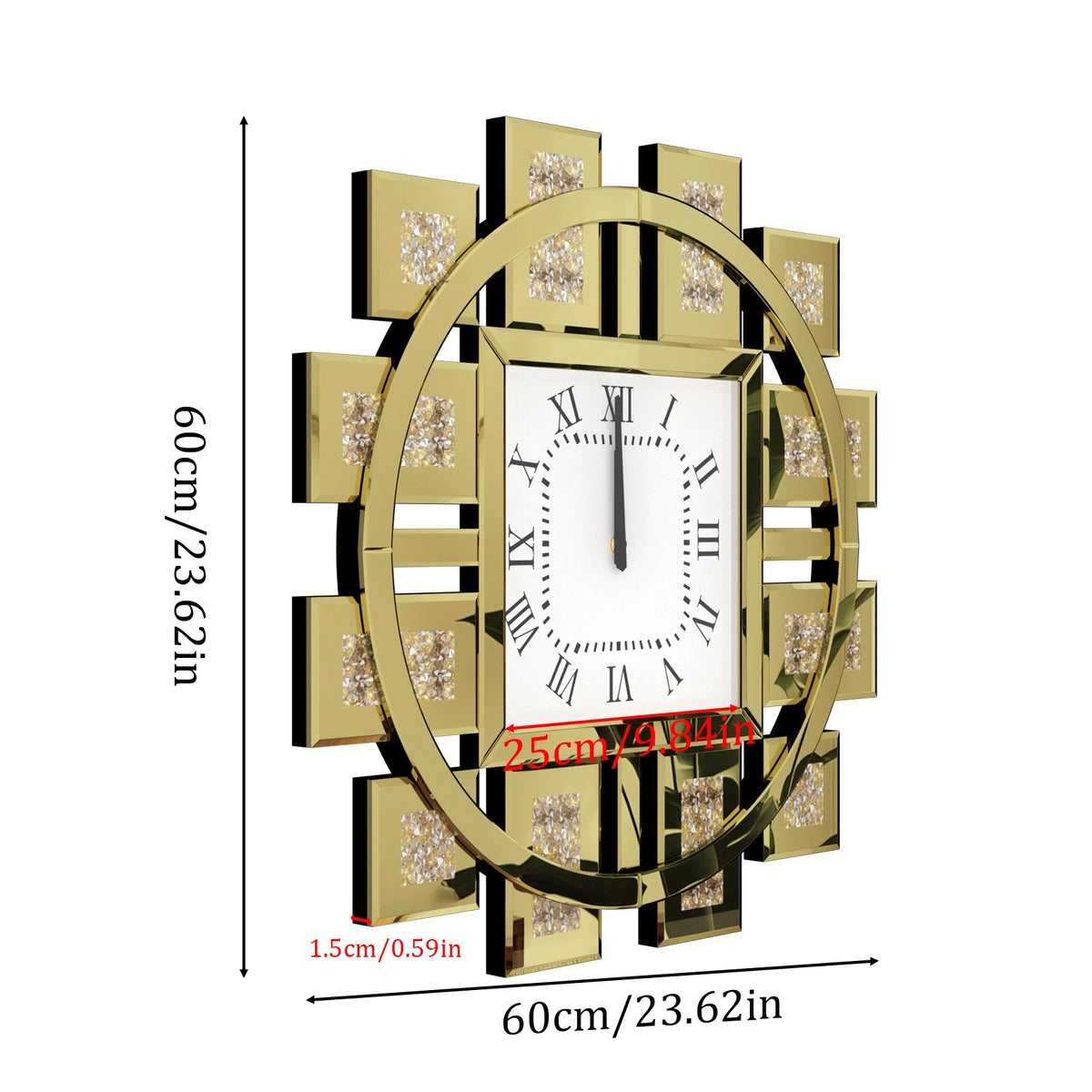 Irregular Crush Diamond Mirrored Wall Clock With Roman Numerals