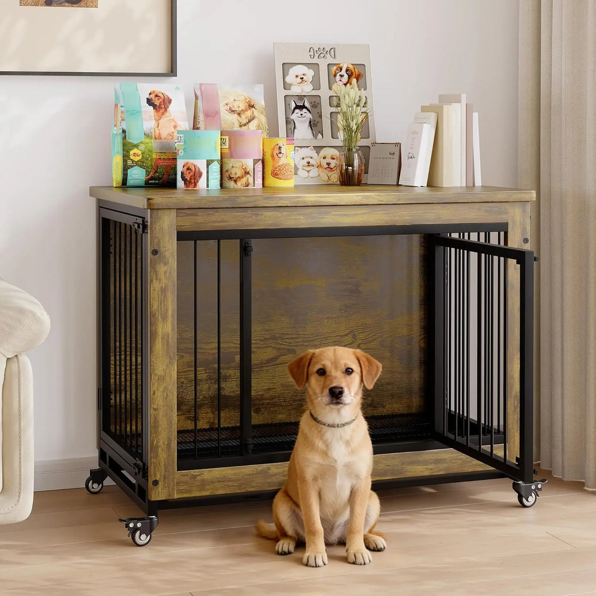 ANIXOL Wooden Dog Crate Furniture With Wheels And Removable Tray