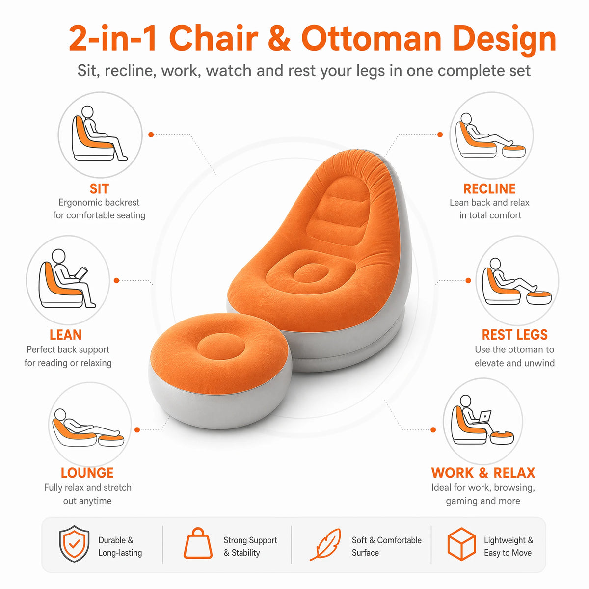 Wonflex Inflatable Flocking Sofa Set With Footstool For Outdoor Leisure