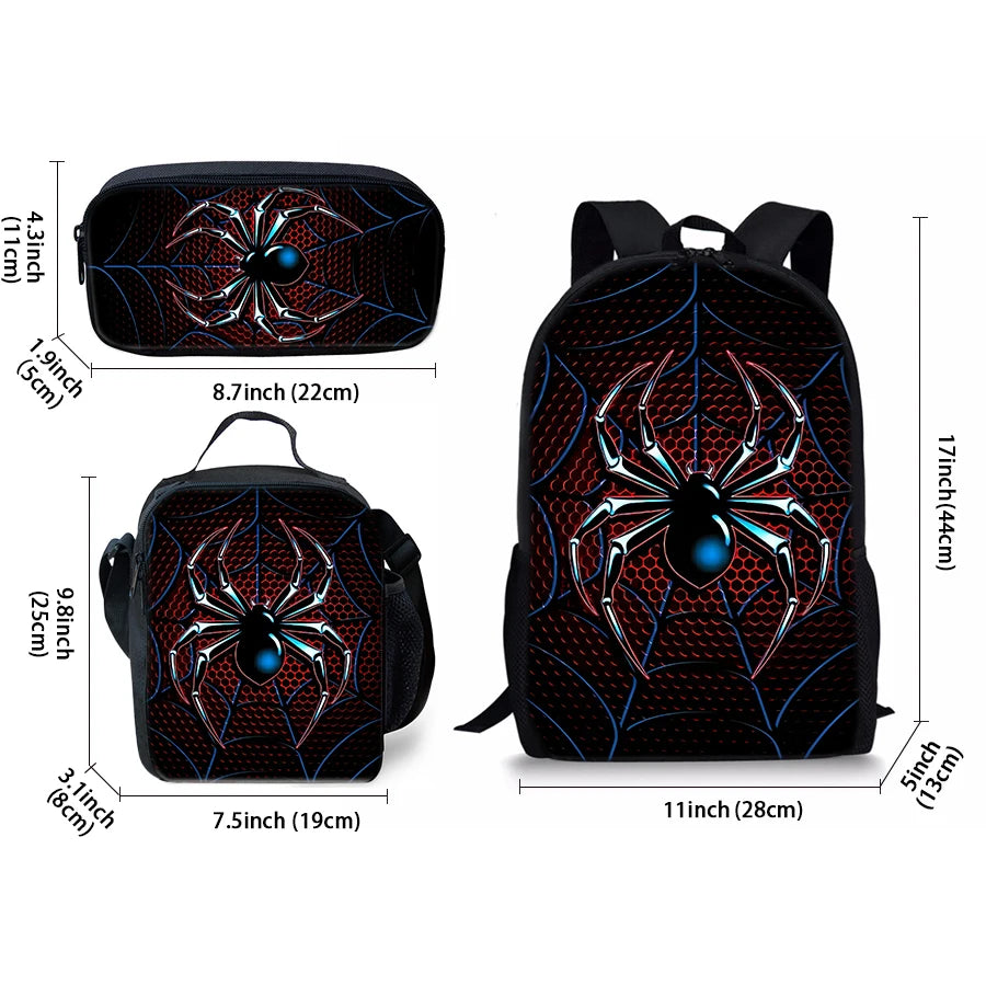 Spider Pattern Three Piece School Backpack Set for Kids and Girls