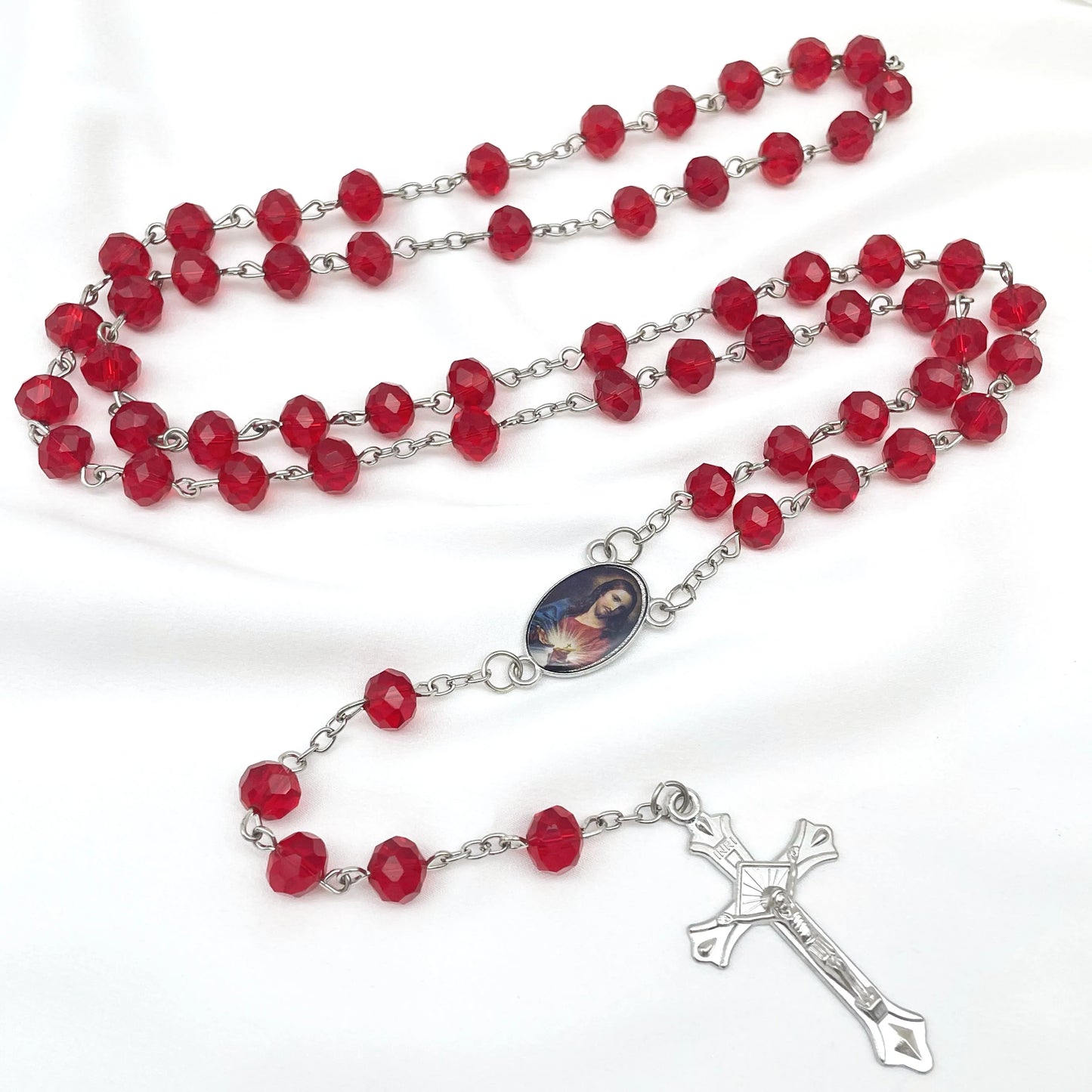 Crystal Catholic Rosary Necklace Sacred Heart Prayer Pendant Set