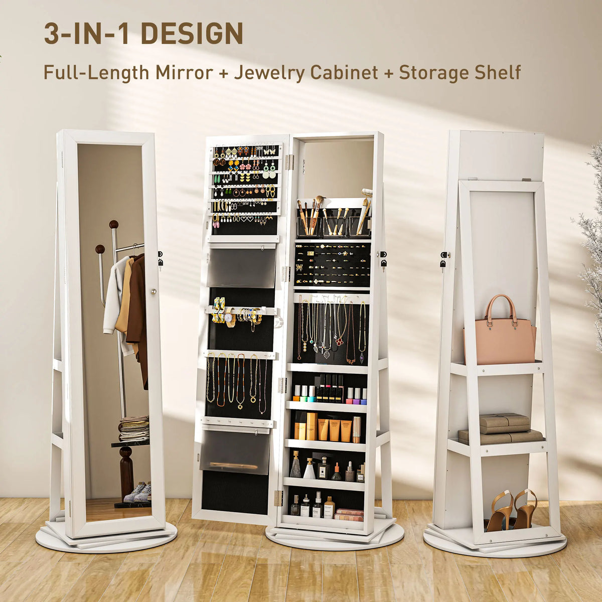 HOMCOM Swivel Jewelry Armoire With Full Length Mirror And Storage