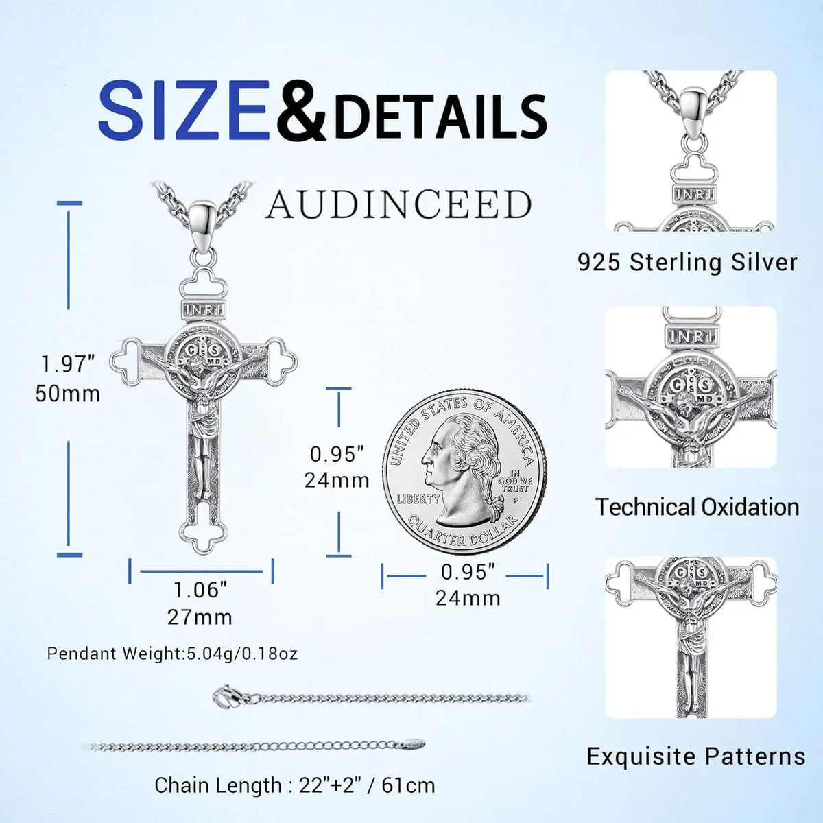 DRINSPER Saint Benedict 925 Sterling Silver Crucifix Protection Necklace