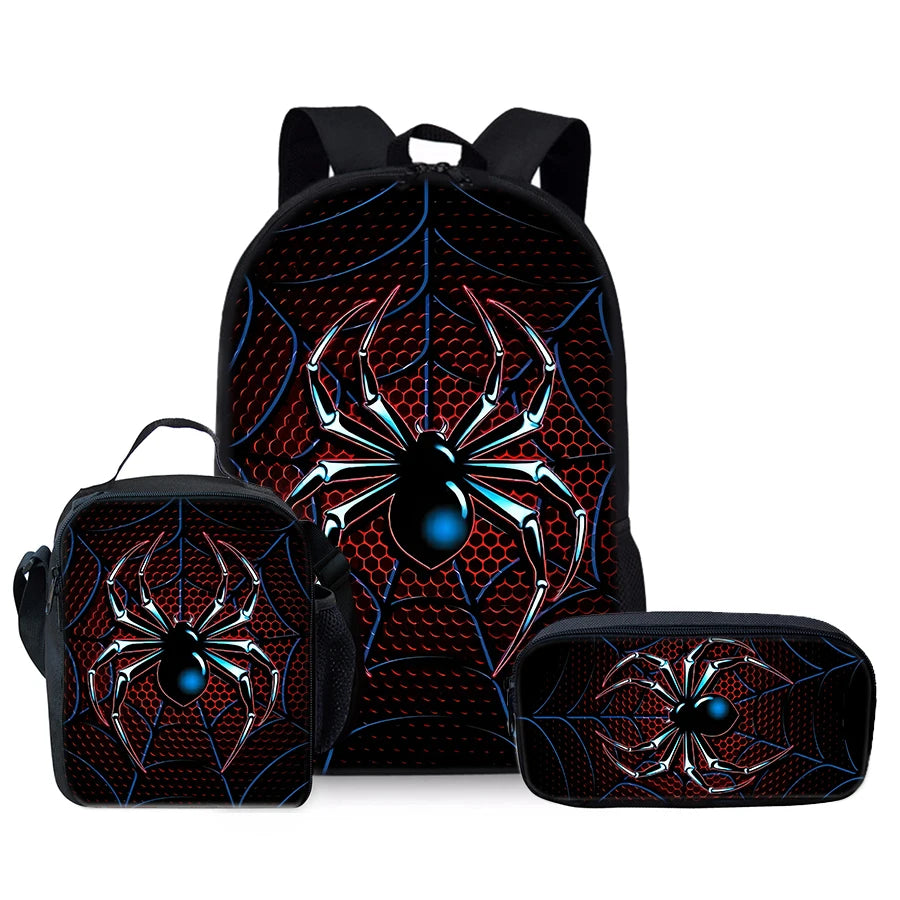 Spider Pattern Three Piece School Backpack Set for Kids and Girls