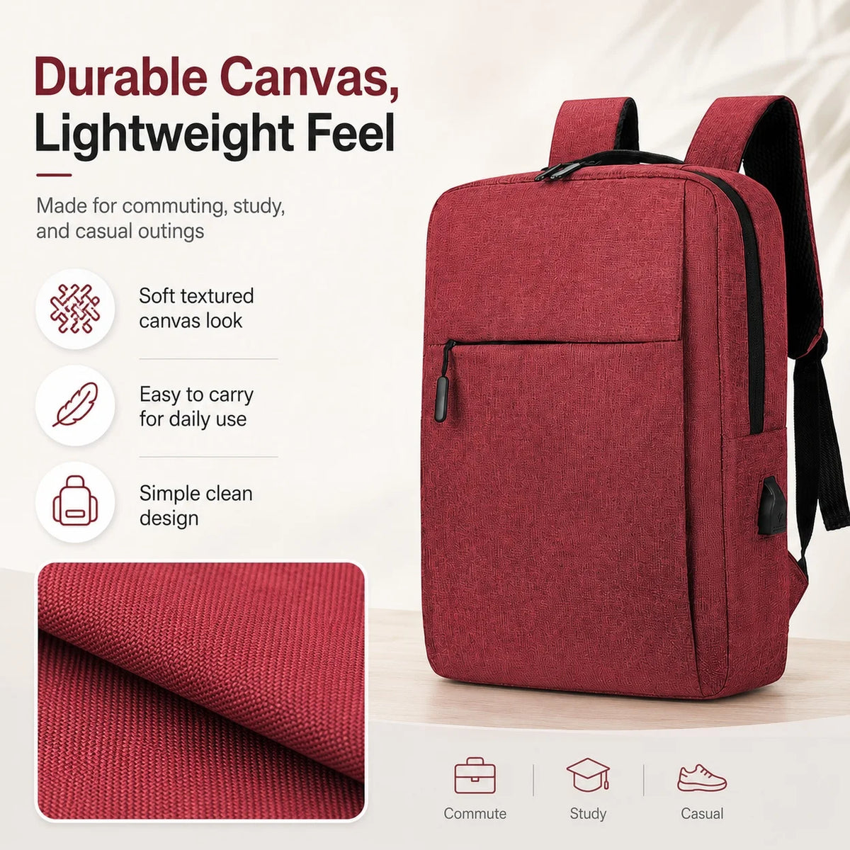Water Resistant Laptop Backpack With USB Charging Port For Commuters