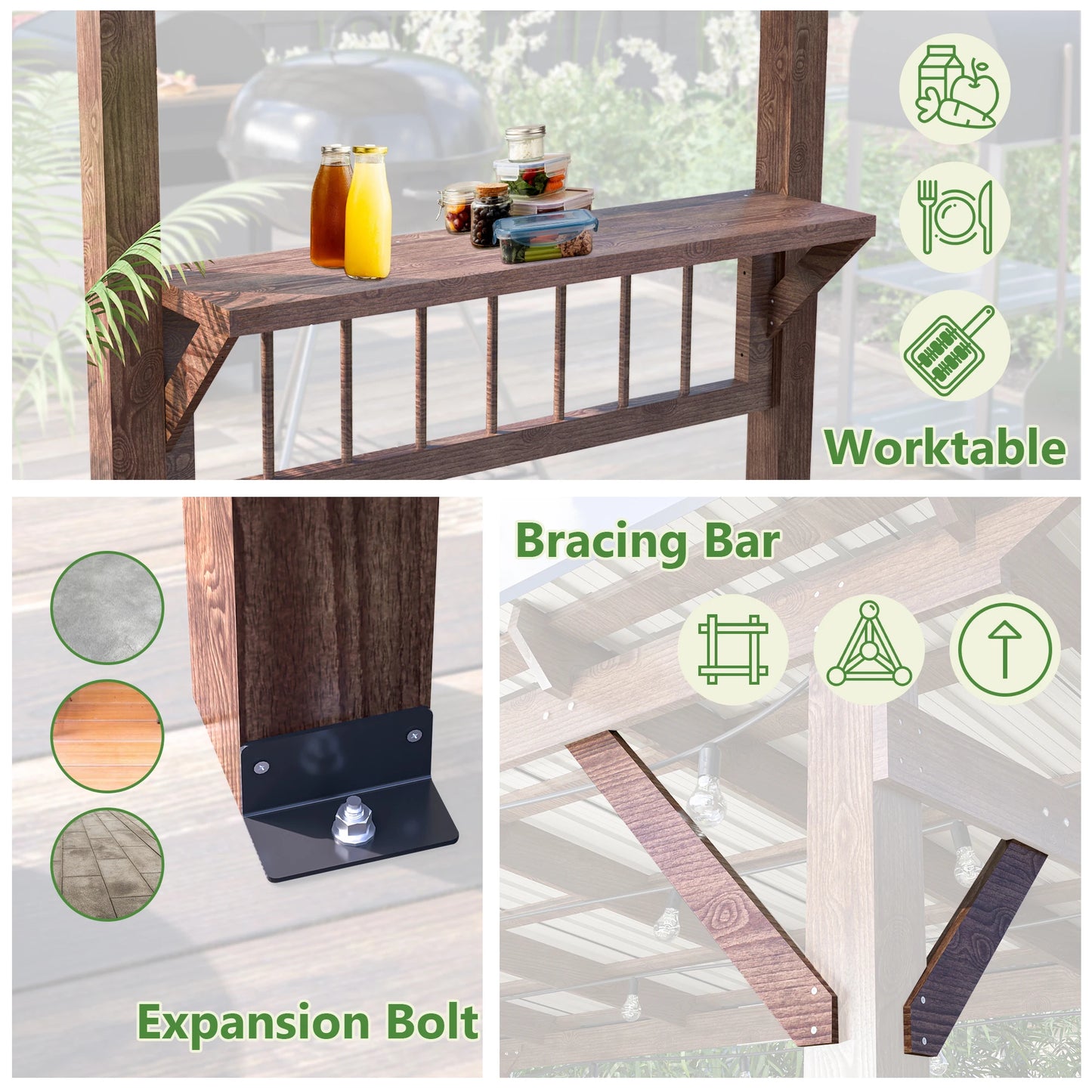 Gihauvia Heavy Duty Wooden Pergola Grill Gazebo Metal Roof