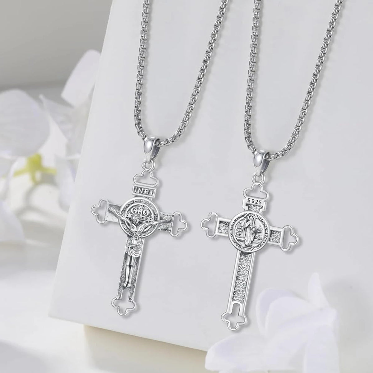 DRINSPER Saint Benedict 925 Sterling Silver Crucifix Protection Necklace
