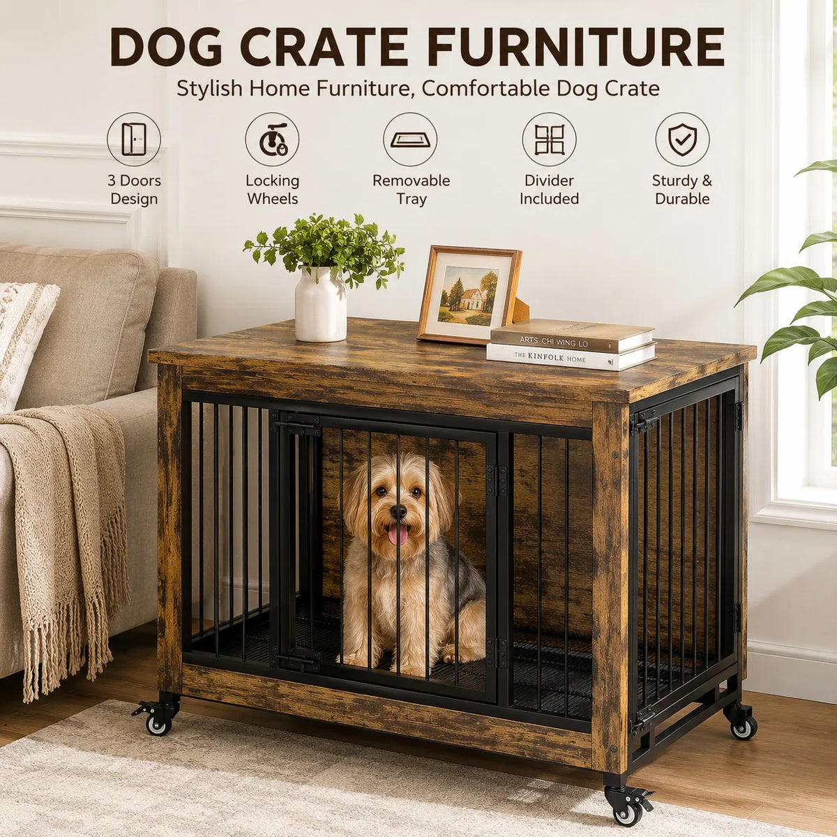 ANIXOL Wooden Dog Crate Furniture With Wheels And Removable Tray