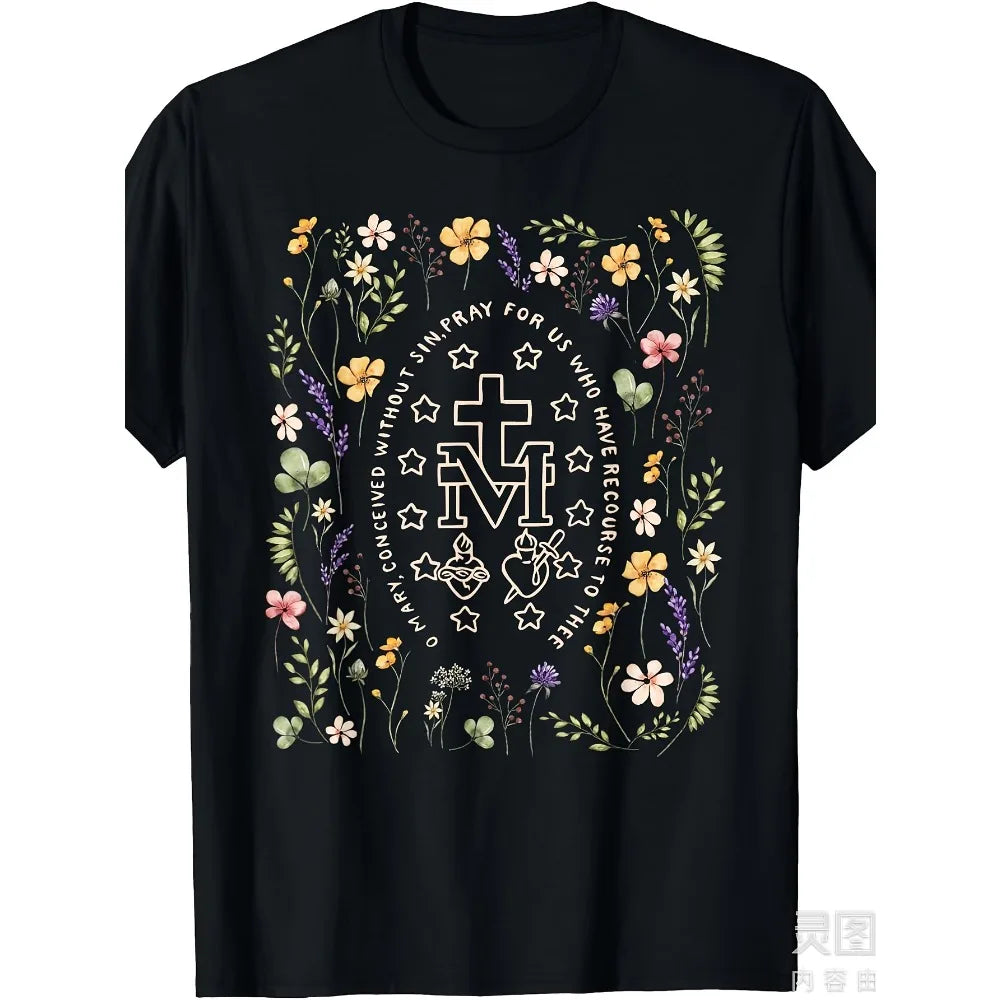 Miraculous Medal Floral Marian Catholic Mary Christian Tee Shirt