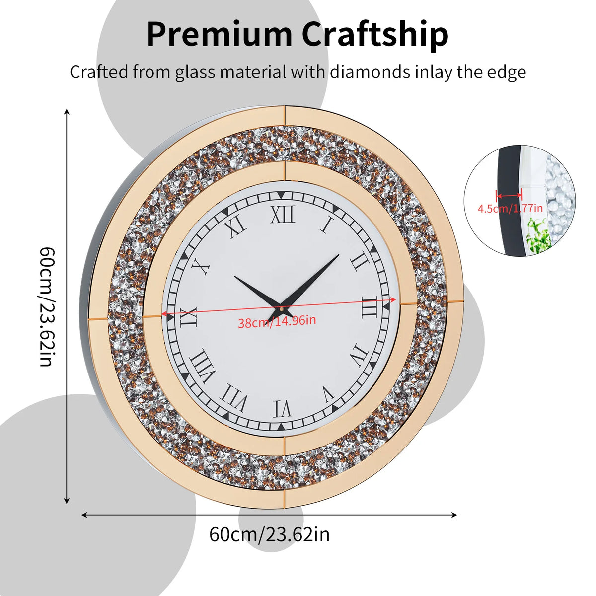 Crystal Sparkle Mirrored Round Wall Clock With Decorative Design