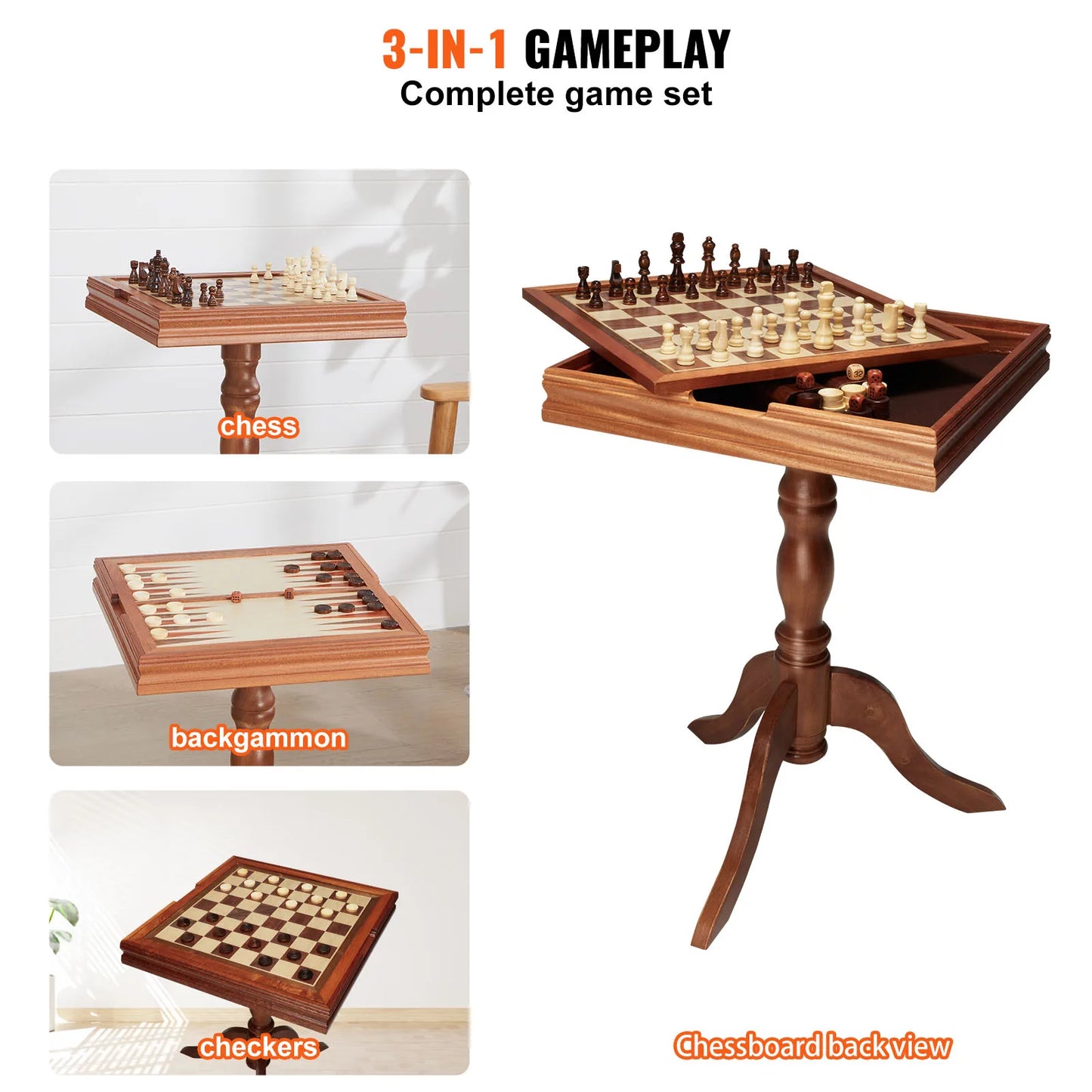 Premium Wooden Three In One Chess Checkers Backgammon Game Table