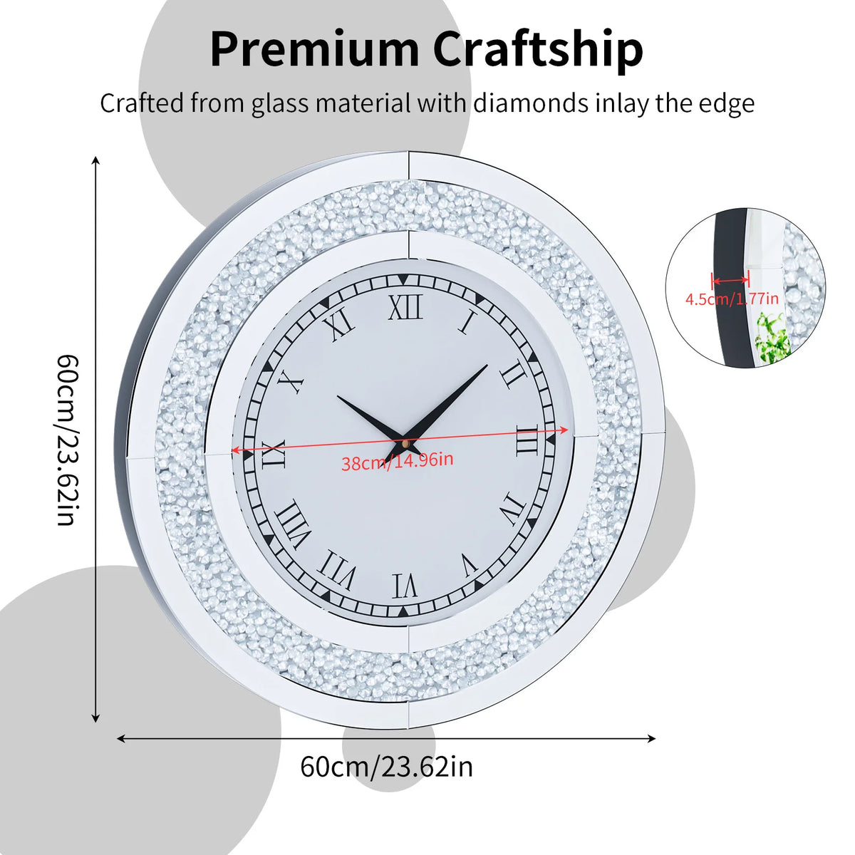 Crystal Sparkle Mirrored Round Wall Clock With Decorative Design