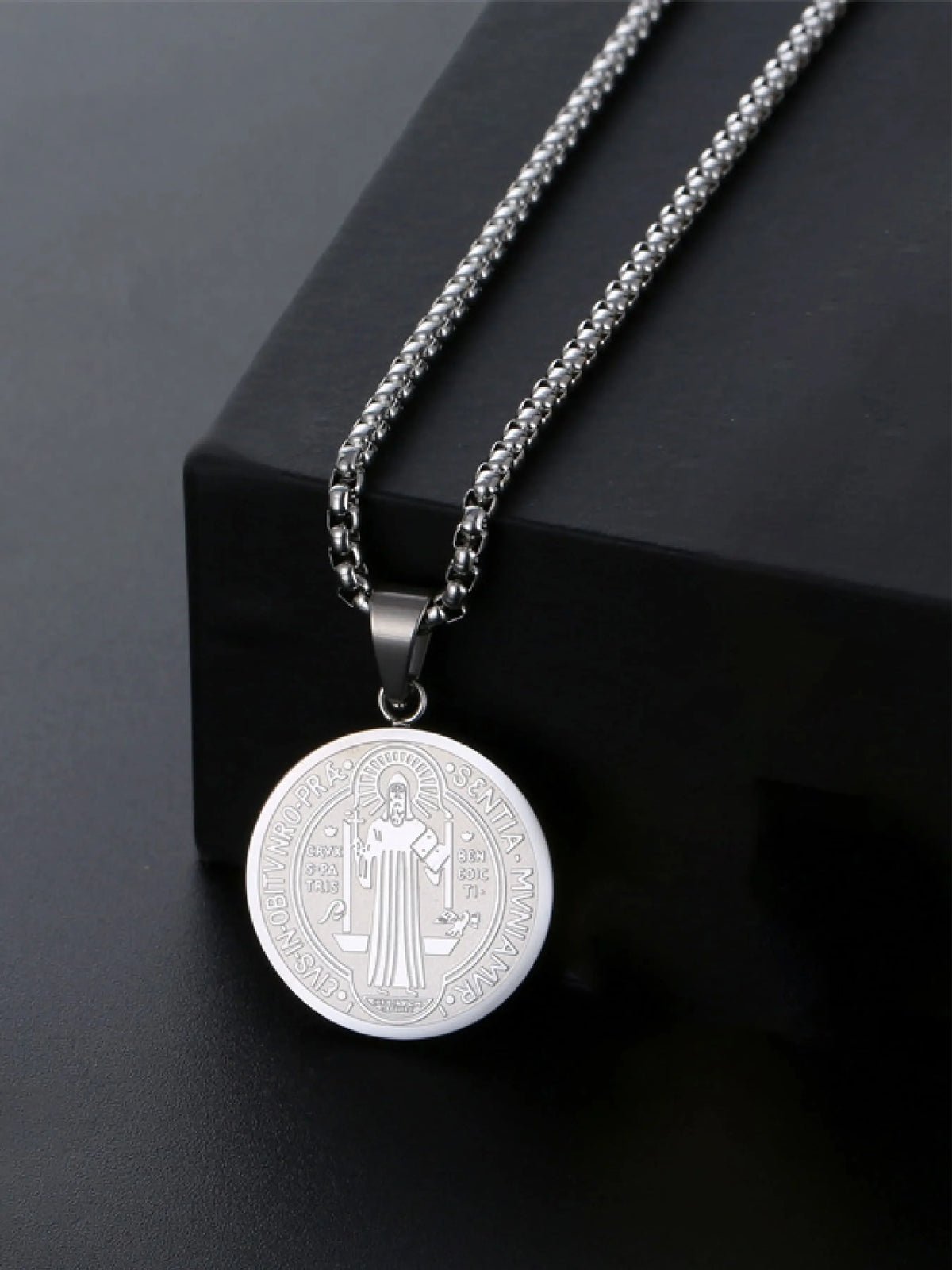 Saint Benedict Medal Cross Pendant Necklace Stainless Steel Faith Jewelry
