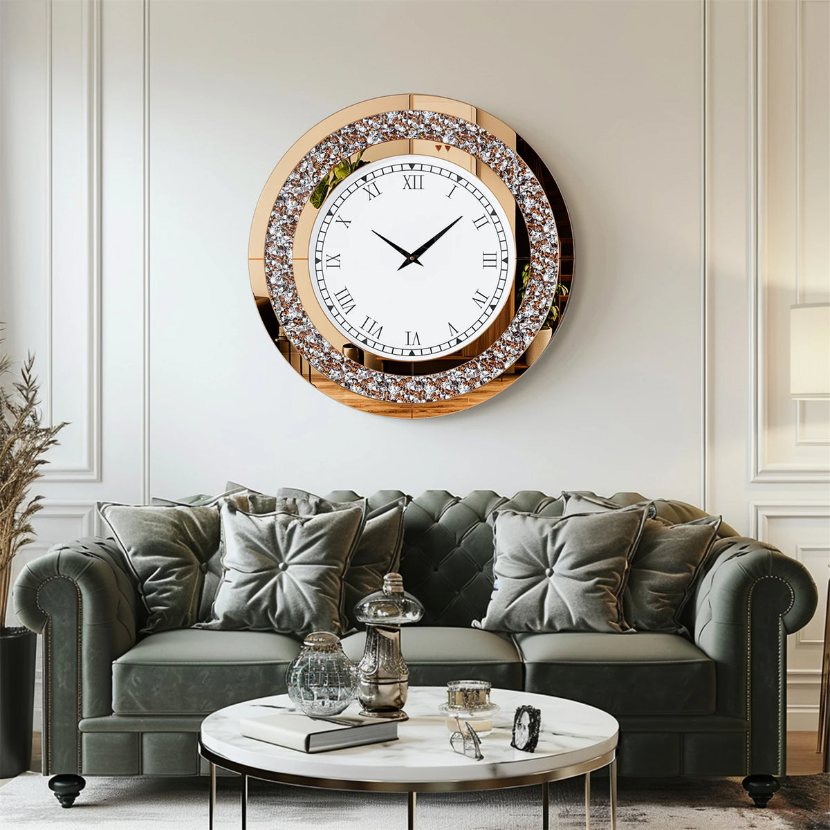 Crystal Sparkle Mirrored Round Wall Clock With Decorative Design