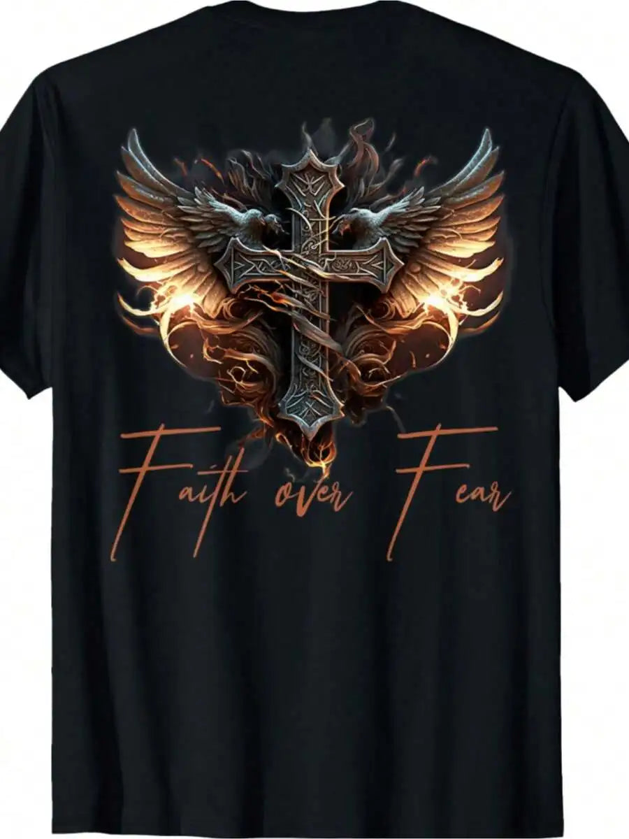 Men's Faith Over Fear Cross And Eagle Wings Graphic T-Shirt