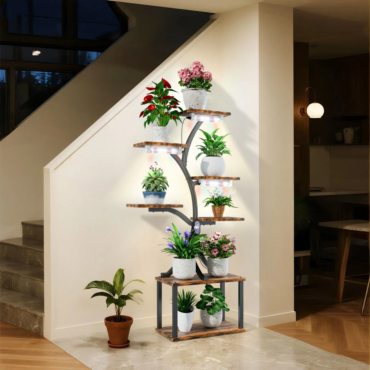 Tree Shaped Multitier Metal Wood Plant Display Stand With Lighting