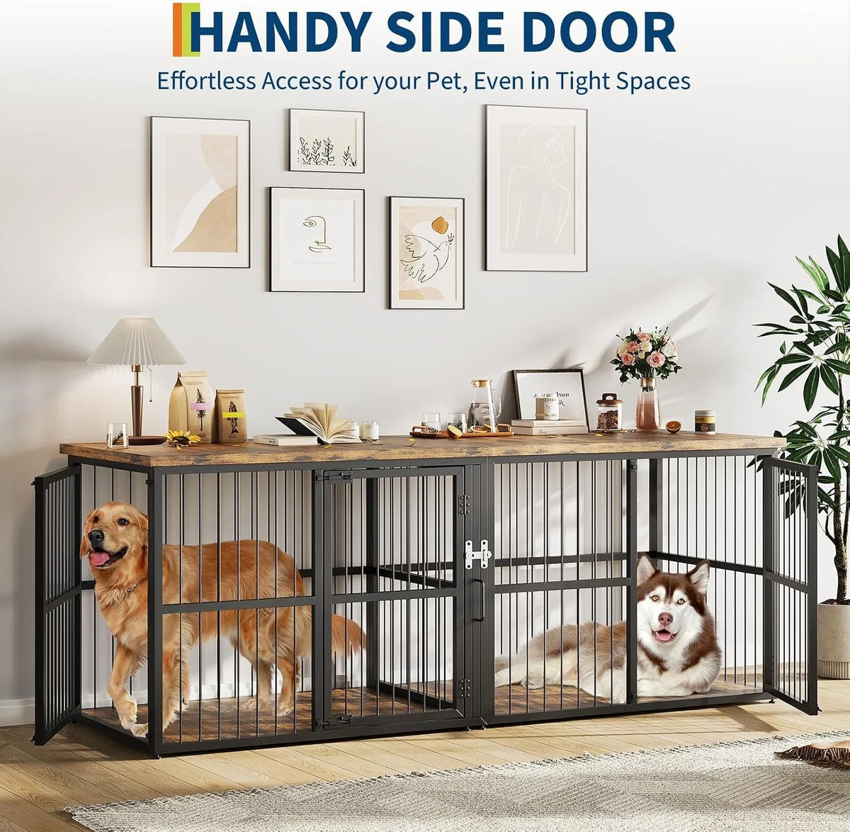 Double Dog Crate Furniture Cabinet With Divider And Storage Top