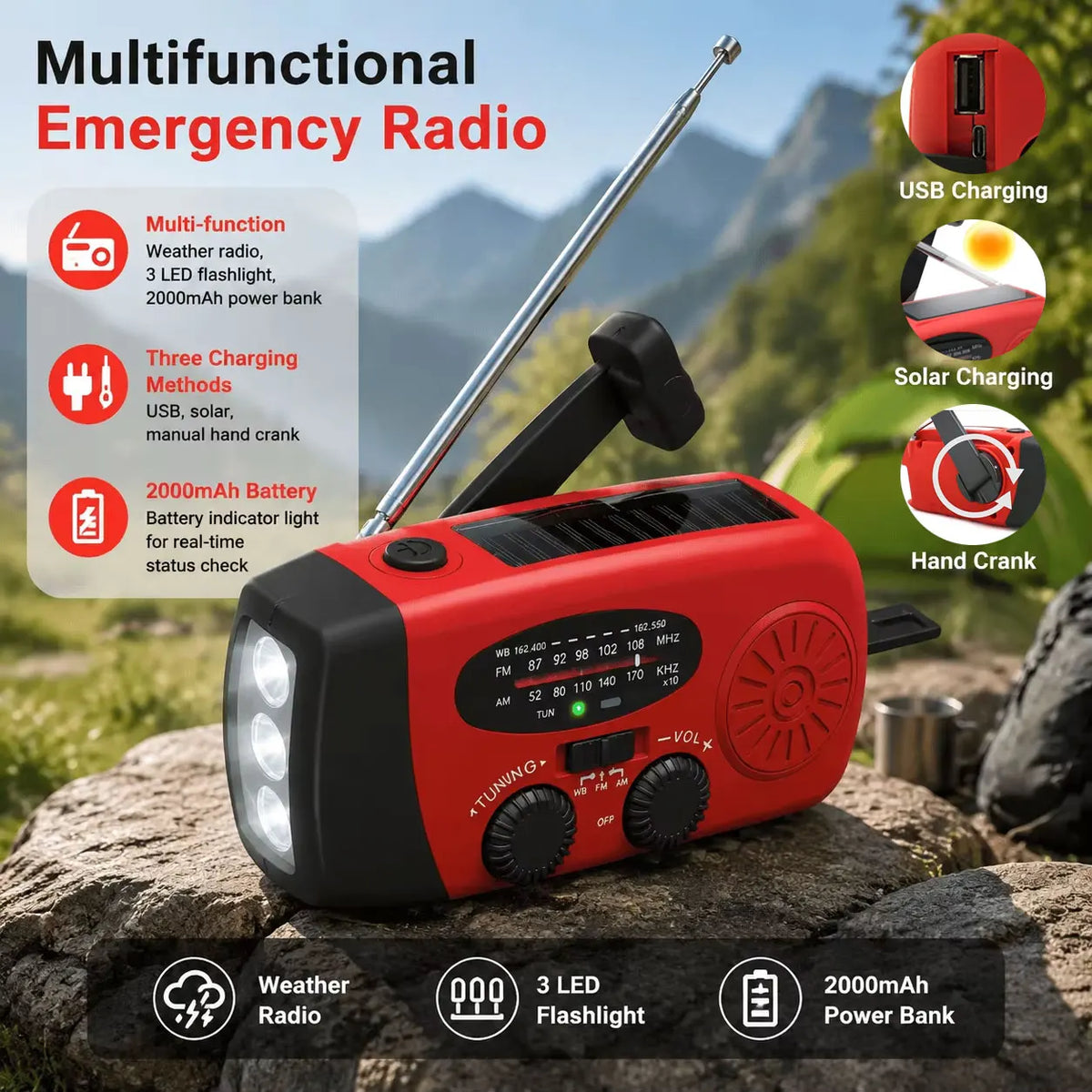 Solar Hand Crank NOAA Emergency Radio Flashlight Power Bank