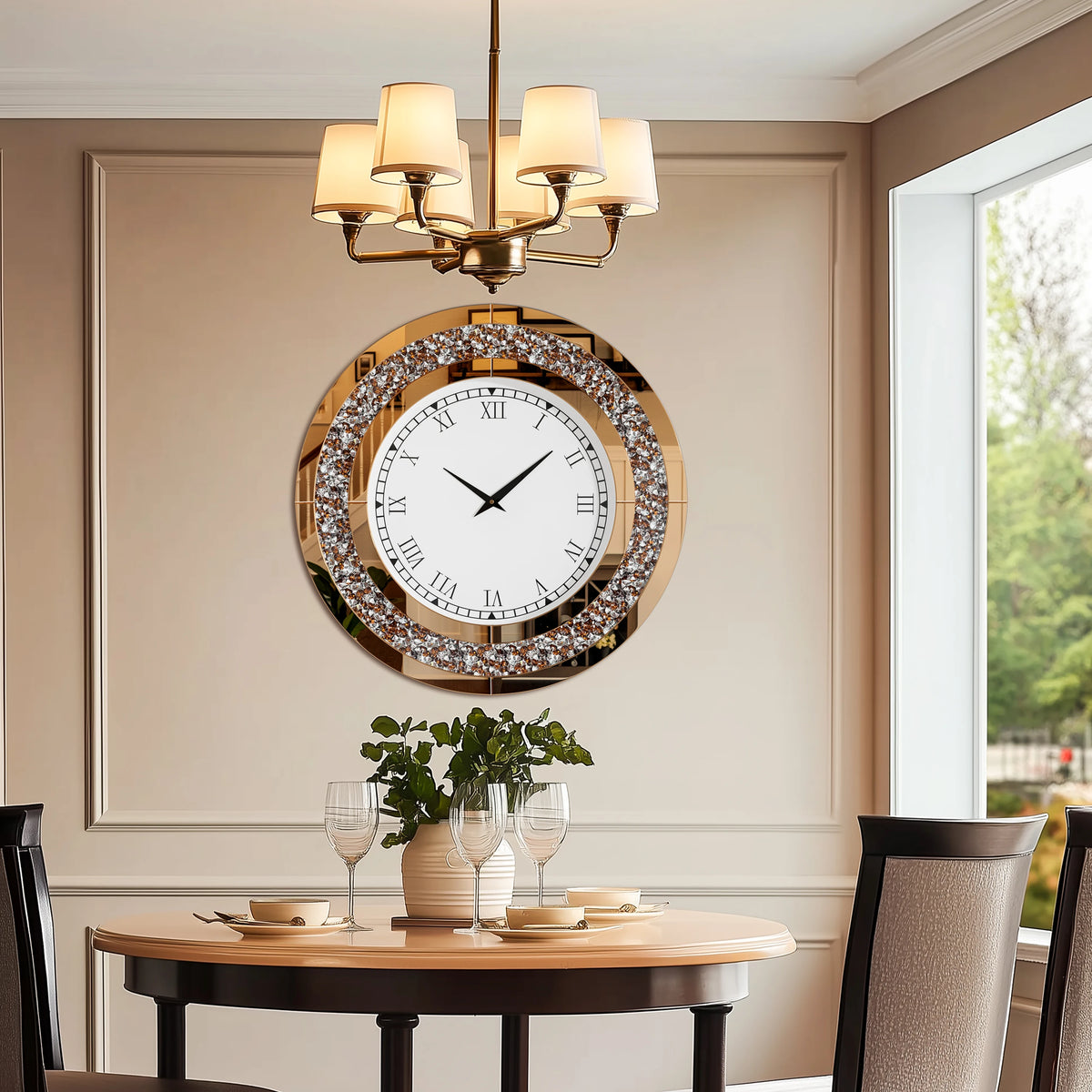 Crystal Sparkle Mirrored Round Wall Clock With Decorative Design