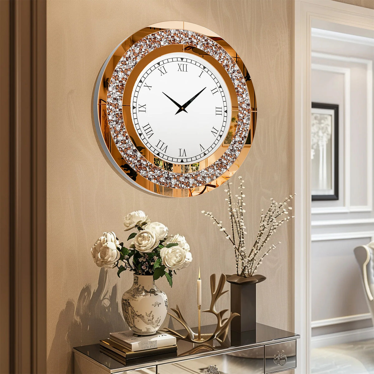 Crystal Sparkle Mirrored Wall Clock for Living Room