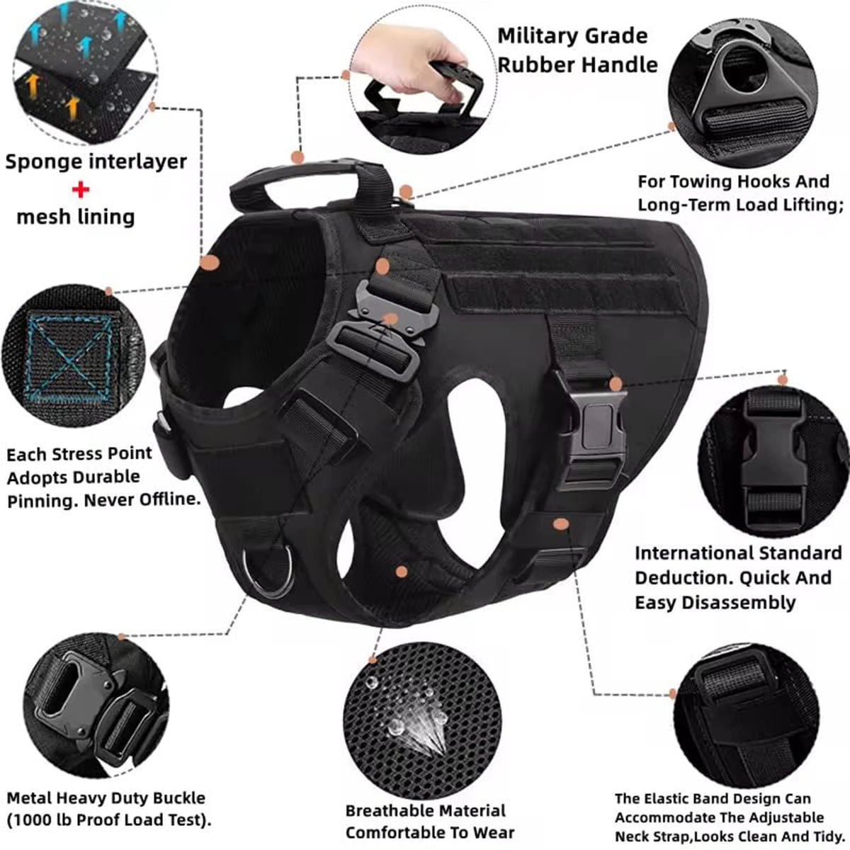 PETRAVEL Tactical Dog Harness Set with Molle Pouches and Leash