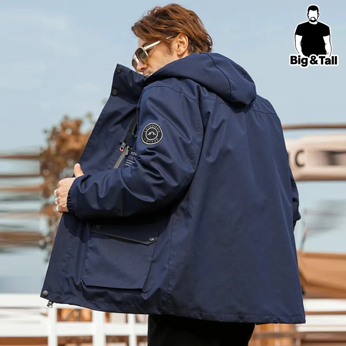 Mens Hooded Multi Pocket Windbreaker Jacket for Outdoor Workwear