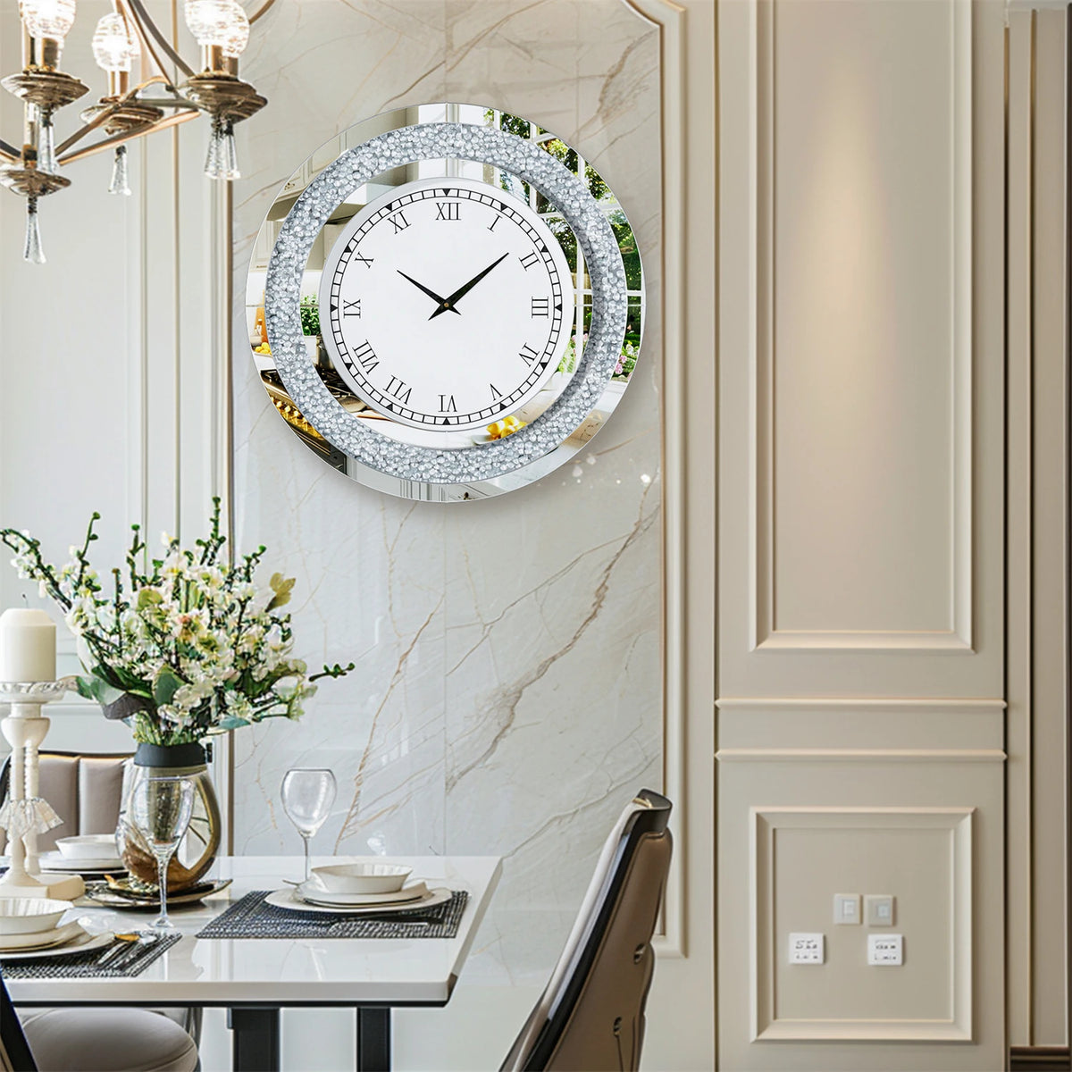 Crystal Sparkle Mirrored Round Wall Clock With Decorative Design