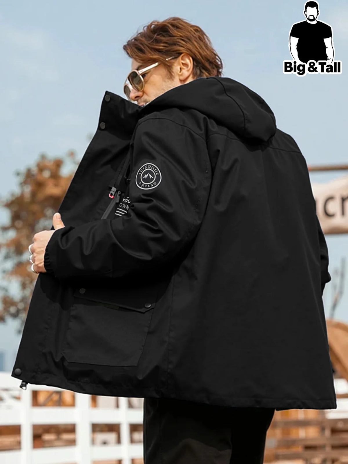Mens Hooded Multi Pocket Windbreaker Jacket for Outdoor Workwear