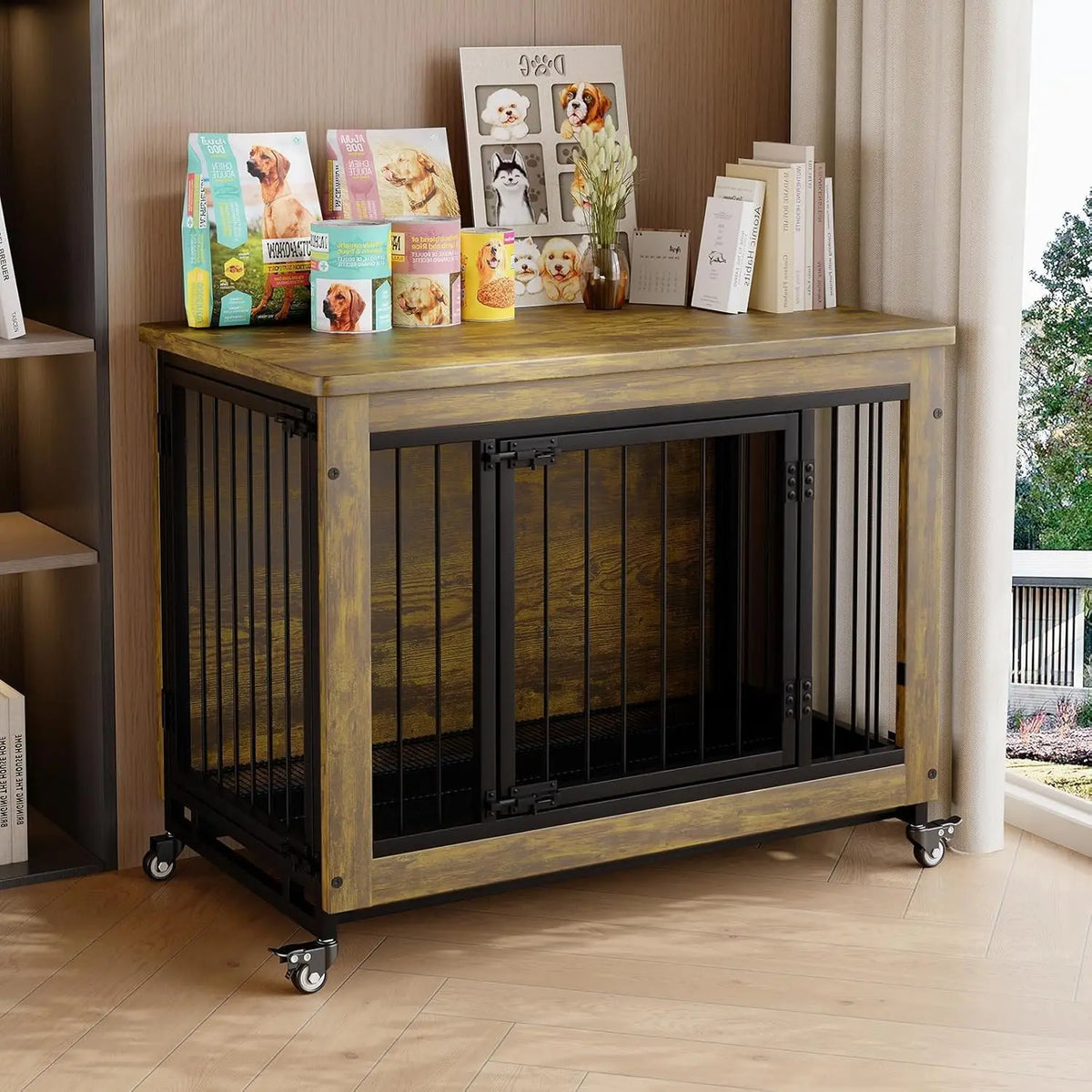 ANIXOL Wooden Dog Crate Furniture With Wheels And Removable Tray