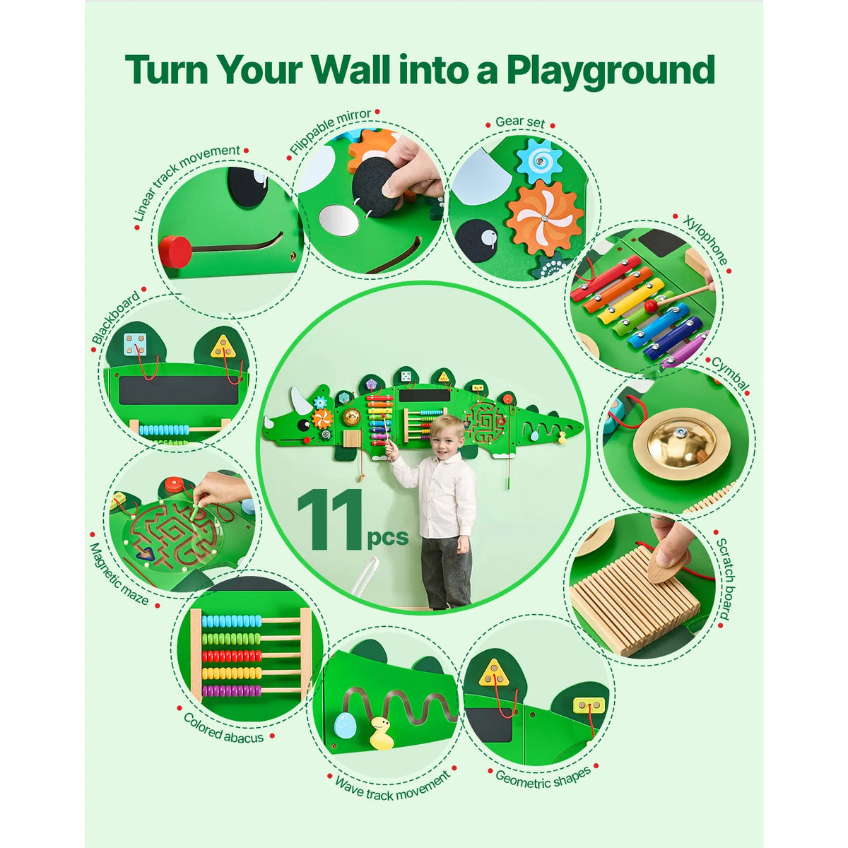 SucceBuy Dinosaur Montessori Busy Board With 11 Activity Panels