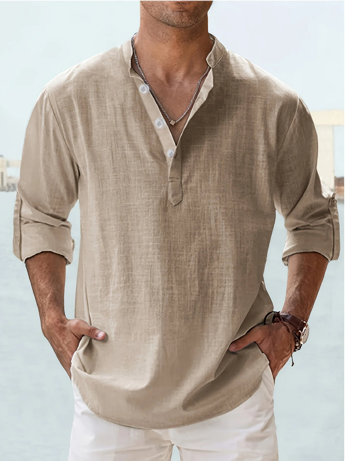 Men's Cotton Linen Long Sleeve Stand Collar Casual Shirt