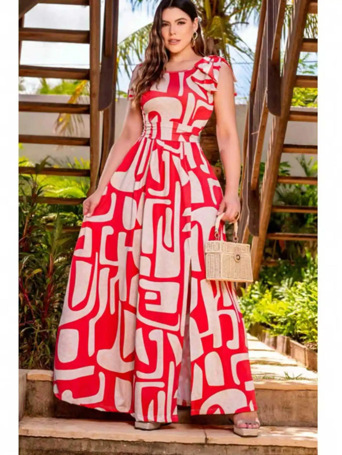 Elegant Geometric Print Sleeveless Maxi Dress With Bow