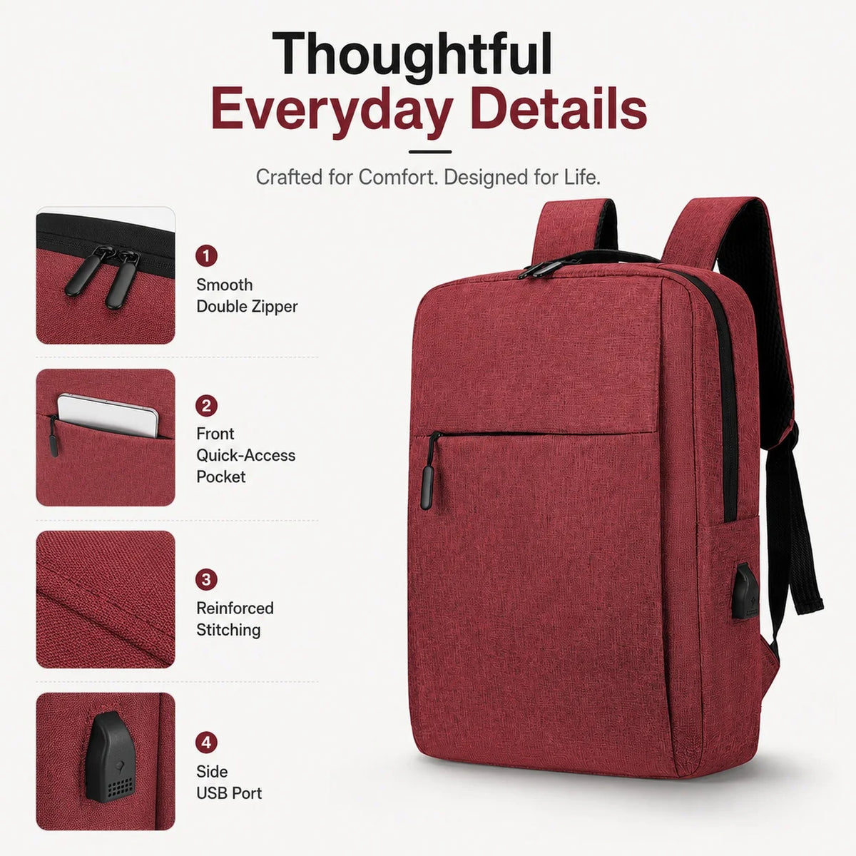 Water Resistant Laptop Backpack With USB Charging Port For Commuters