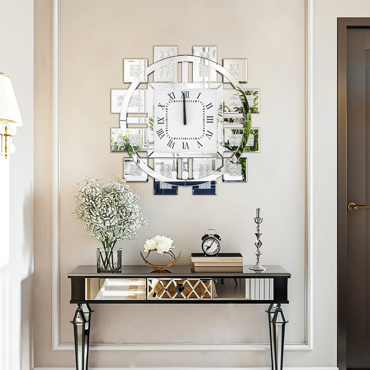 Irregular Crush Diamond Mirrored Wall Clock With Roman Numerals