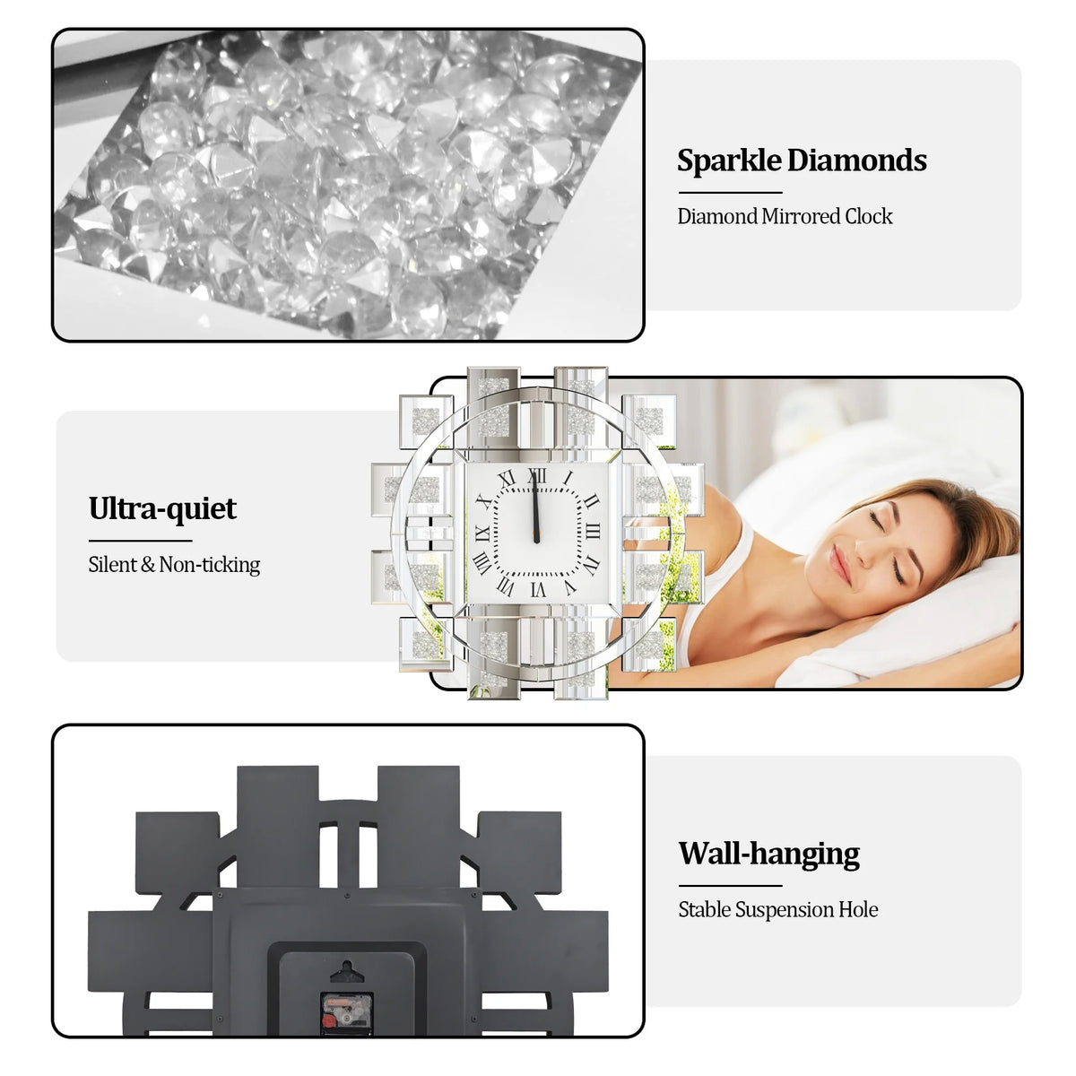 Irregular Crush Diamond Mirrored Wall Clock With Roman Numerals