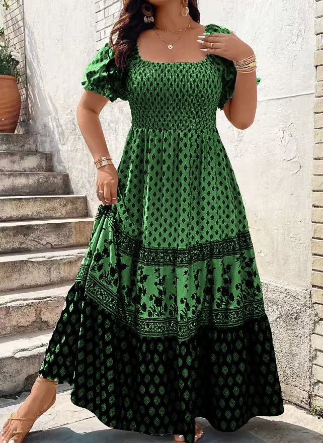 Women Floral Print Smocked Short Sleeve Boho Sundress Polyester Dress