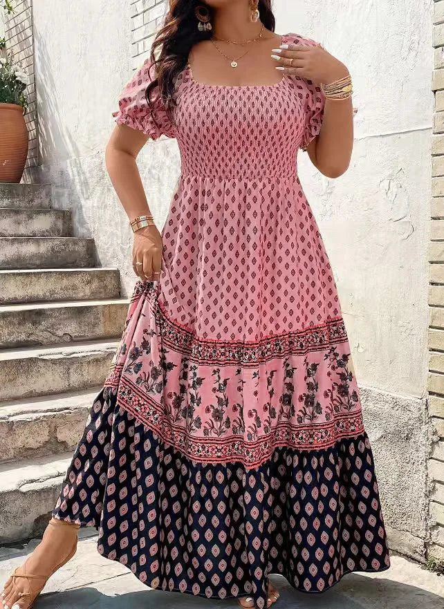 Women Floral Print Smocked Short Sleeve Boho Sundress Polyester Dress